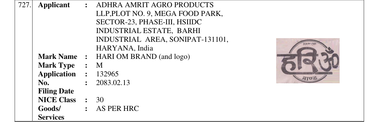 Original bulletin entry for HARI OM BRAND (and logo)