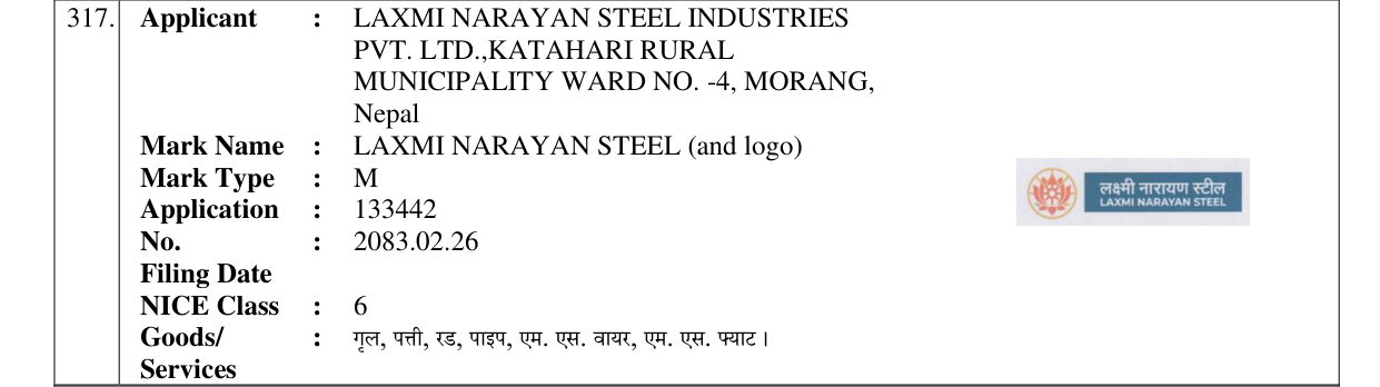 Original bulletin entry for LAXMI NARAYAN STEEL (and logo)