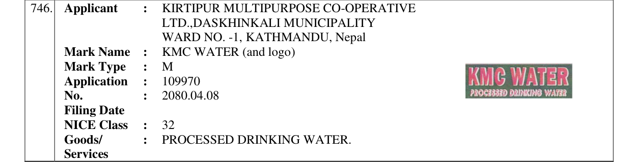 Original bulletin entry for KMC WATER (and logo)