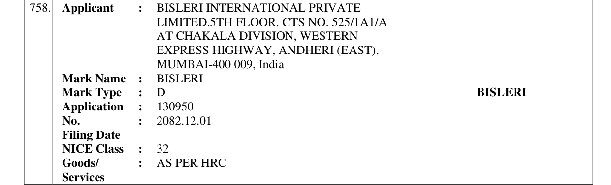 Original bulletin entry for BISLERI