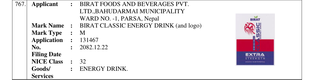 Original bulletin entry for BIRAT CLASSIC ENERGY DRINK (and logo)