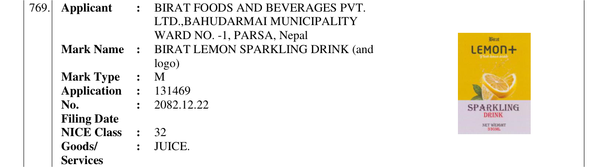 Original bulletin entry for BIRAT LEMON SPARKLING DRINK (and logo)
