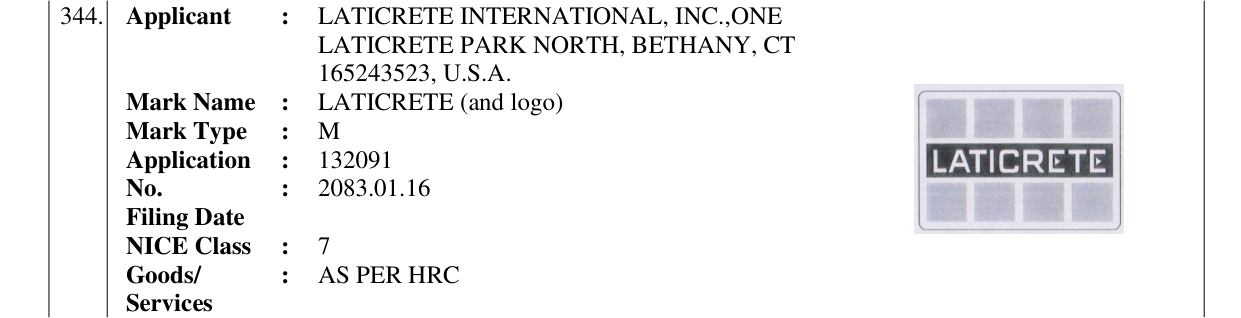 Original bulletin entry for LATICRETE (and logo)