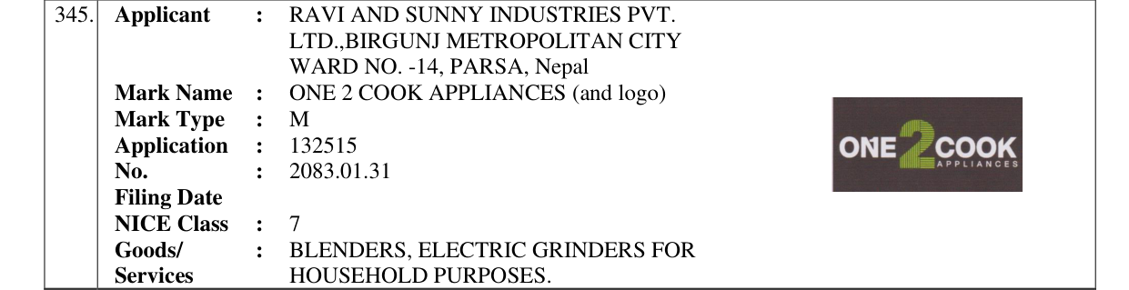 Original bulletin entry for ONE 2 COOK APPLIANCES (and logo)