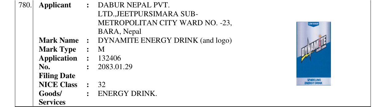 Original bulletin entry for DYNAMITE ENERGY DRINK (and logo)