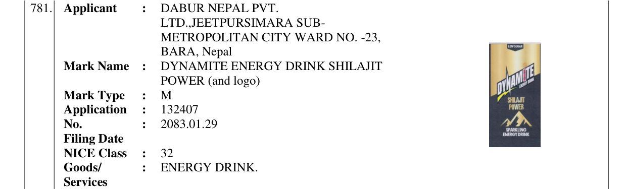 Original bulletin entry for DYNAMITE ENERGY DRINK SHILAJIT POWER (and logo)