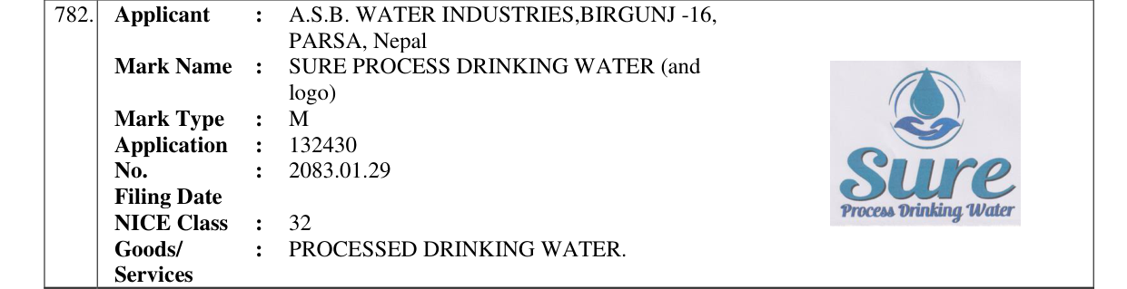 Original bulletin entry for SURE PROCESS DRINKING WATER (and logo)