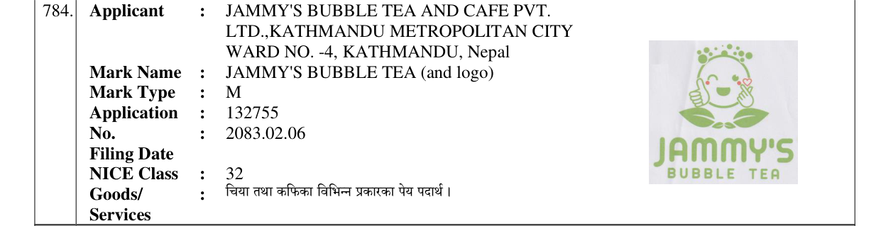 Original bulletin entry for JAMMY'S BUBBLE TEA (and logo)