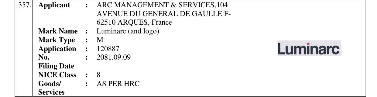 Original bulletin entry for Luminarc (and logo)