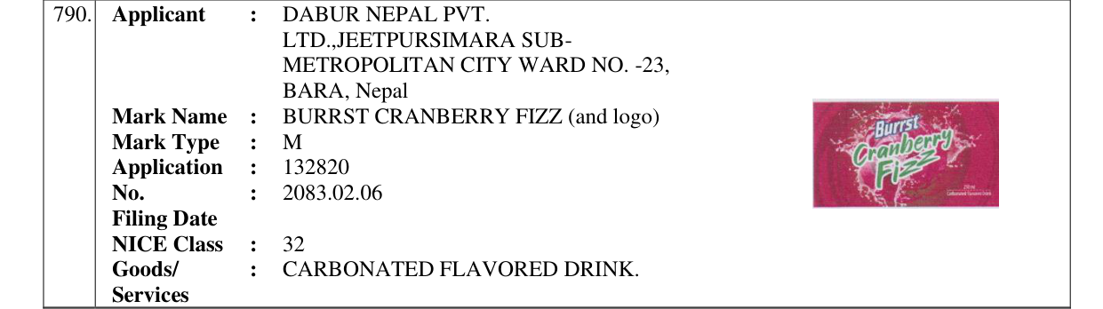 Original bulletin entry for BURRST CRANBERRY FIZZ (and logo)