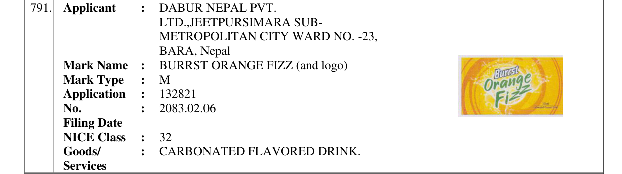 Original bulletin entry for BURRST ORANGE FIZZ (and logo)