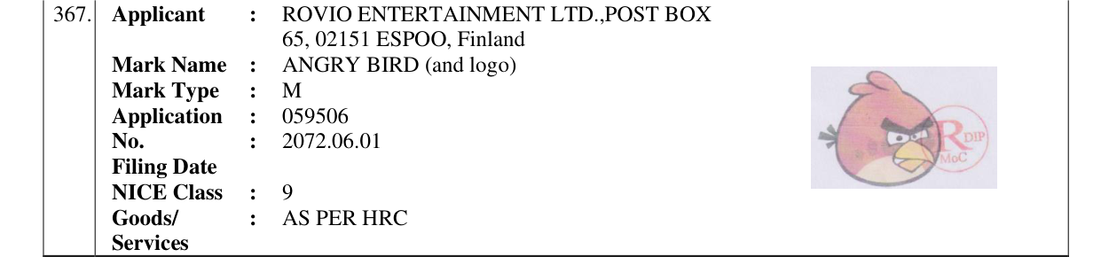 Original bulletin entry for ANGRY BIRD (and logo)