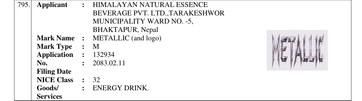 Original bulletin entry for METALLIC (and logo)