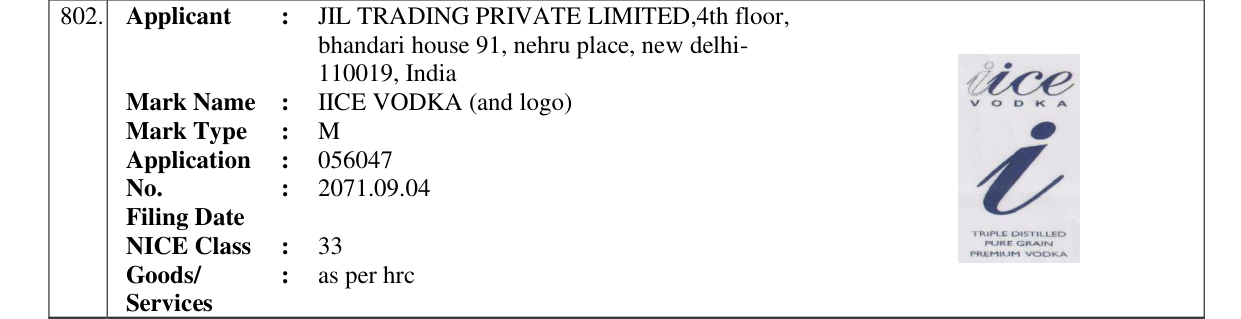 Original bulletin entry for IICE VODKA (and logo)