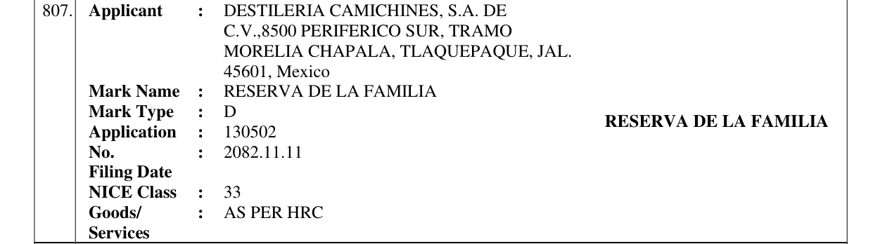 Original bulletin entry for RESERVA DE LA FAMILIA
