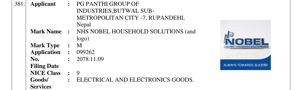 Original bulletin entry for NHS NOBEL HOUSEHOLD SOLUTIONS (and logo)