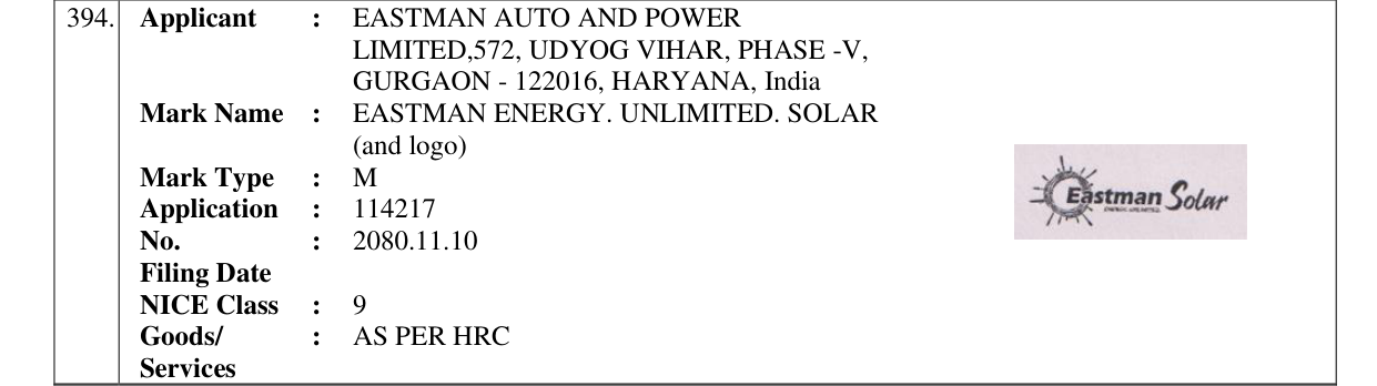 Original bulletin entry for EASTMAN ENERGY. UNLIMITED. SOLAR (and logo)