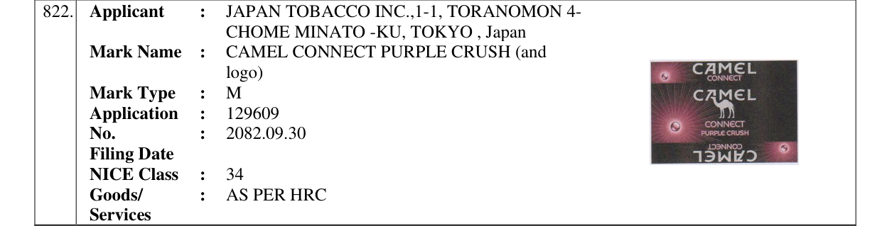 Original bulletin entry for CAMEL CONNECT PURPLE CRUSH (and logo)