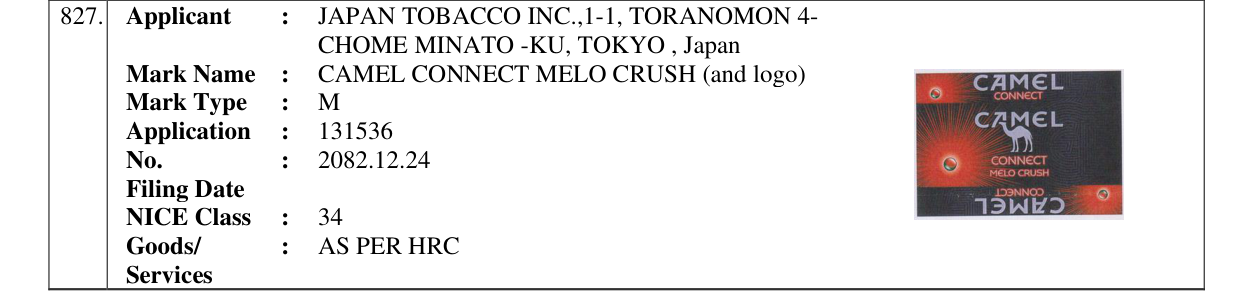 Original bulletin entry for CAMEL CONNECT MELO CRUSH (and logo)