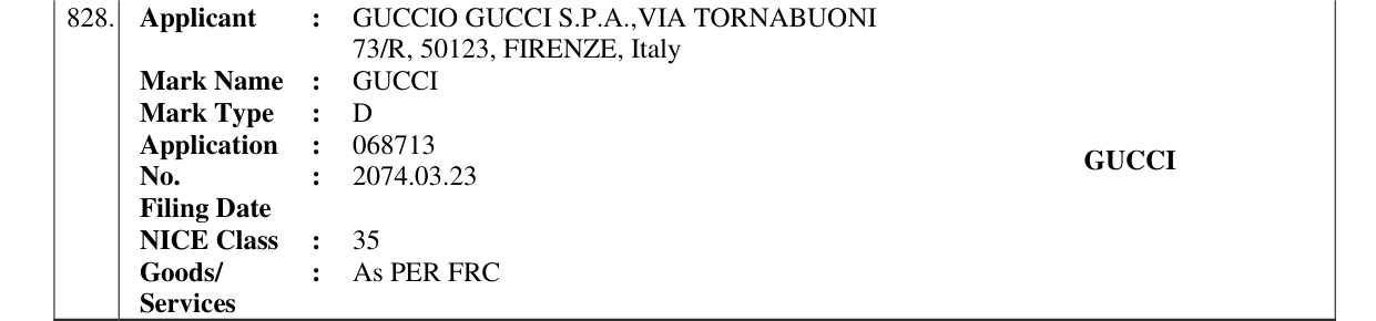 Original bulletin entry for GUCCI