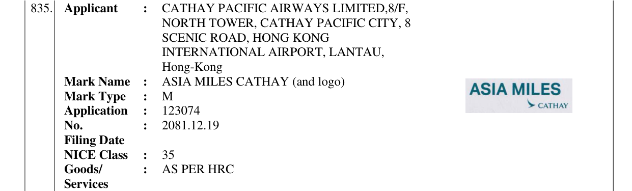 Original bulletin entry for ASIA MILES CATHAY (and logo)