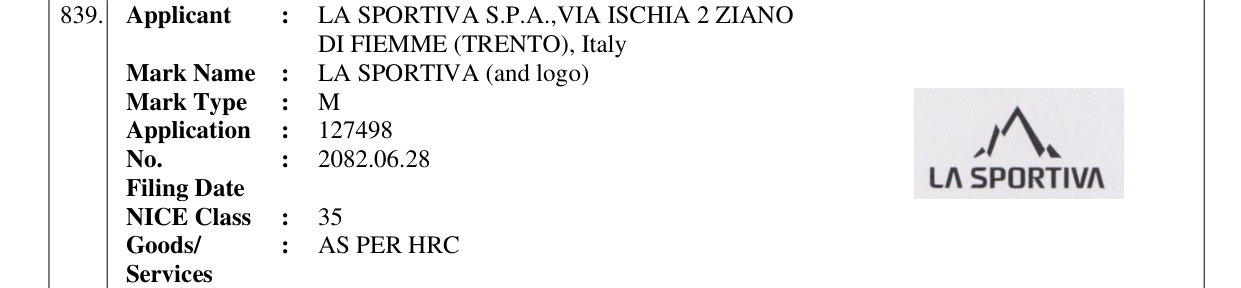 Original bulletin entry for LA SPORTIVA (and logo)