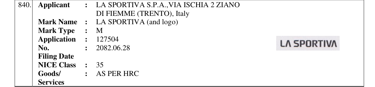 Original bulletin entry for LA SPORTIVA (and logo)