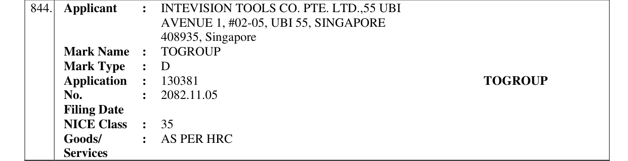 Original bulletin entry for TOGROUP