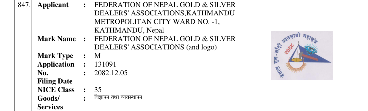 Original bulletin entry for FEDERATION OF NEPAL GOLD & SILVER DEALERS' ASSOCIATIONS (and logo)