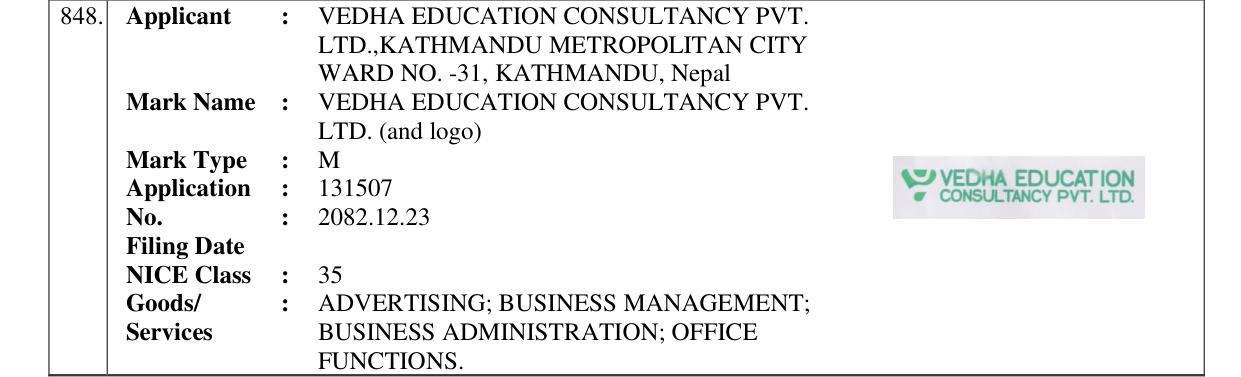 Original bulletin entry for VEDHA EDUCATION CONSULTANCY PVT. LTD. (and logo)
