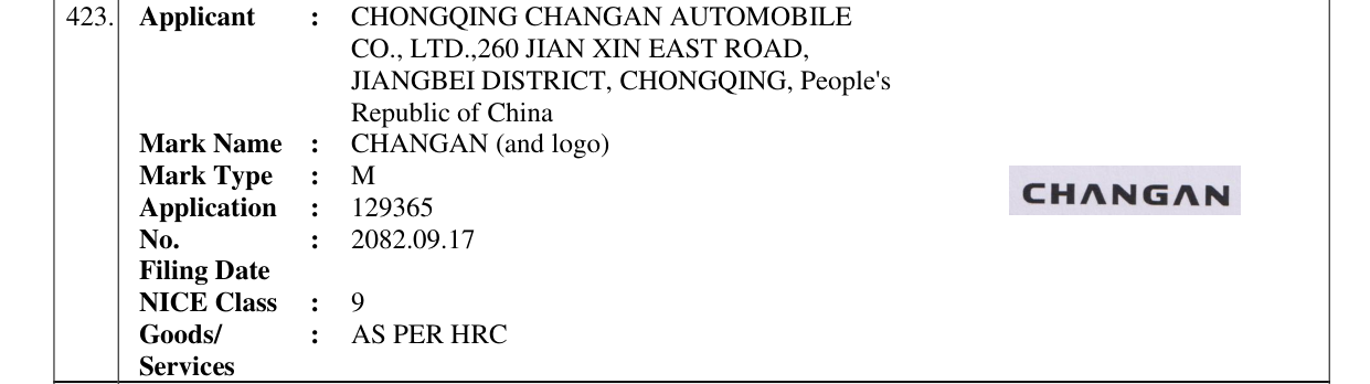 Original bulletin entry for CHANGAN (and logo)