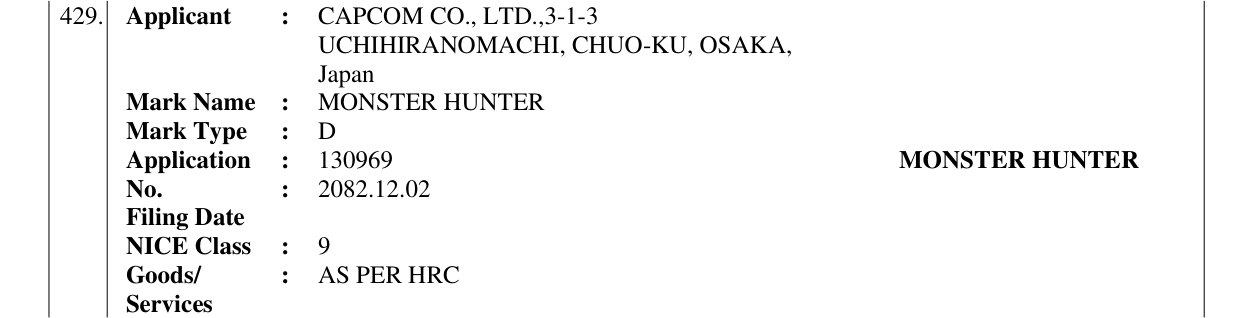 Original bulletin entry for MONSTER HUNTER