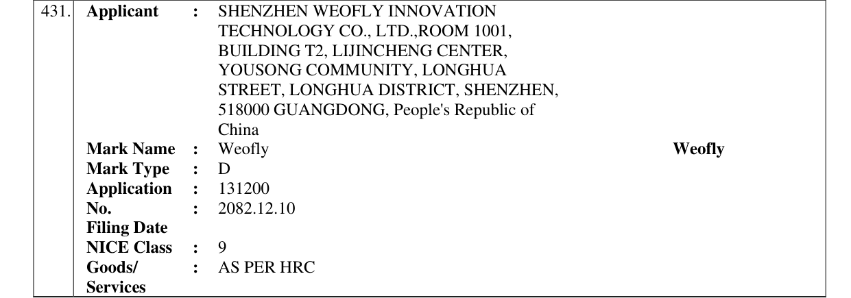 Original bulletin entry for Weofly Weofly