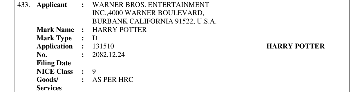 Original bulletin entry for HARRY POTTER