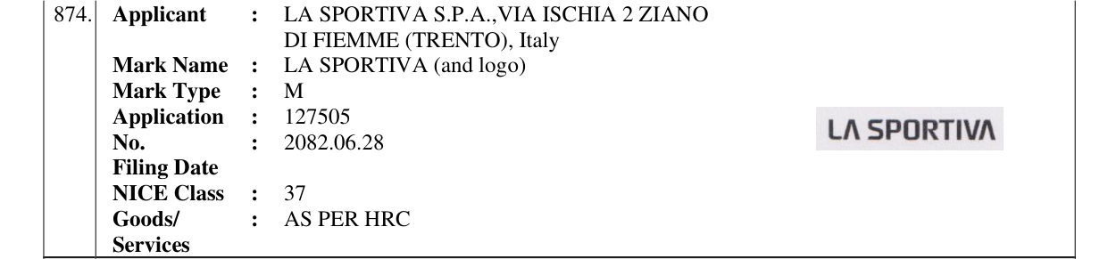 Original bulletin entry for LA SPORTIVA (and logo)