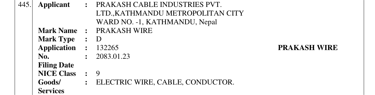 Original bulletin entry for PRAKASH WIRE