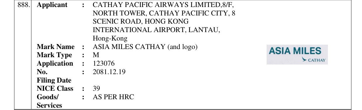 Original bulletin entry for ASIA MILES CATHAY (and logo)