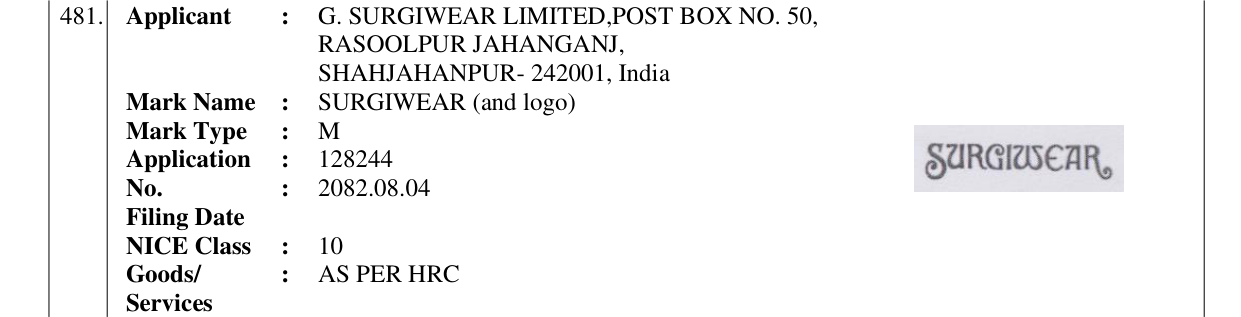 Original bulletin entry for SURGIWEAR (and logo)