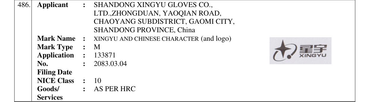 Original bulletin entry for XINGYU AND CHINESE CHARACTER (and logo)