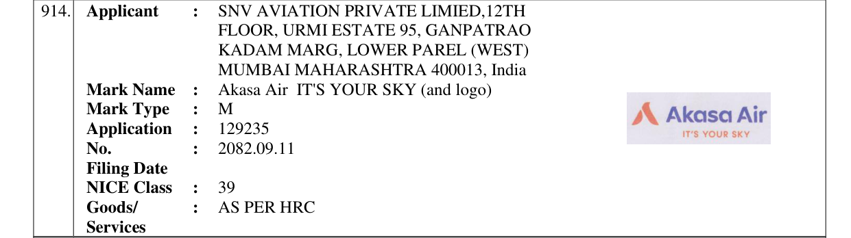 Original bulletin entry for Akasa Air IT'S YOUR SKY (and logo)