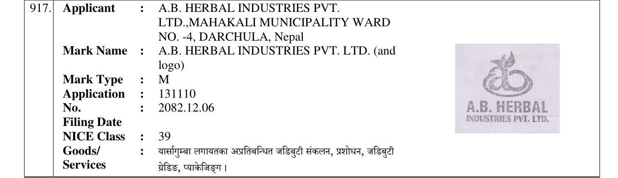 Original bulletin entry for A.B. HERBAL INDUSTRIES PVT. LTD. (and logo)