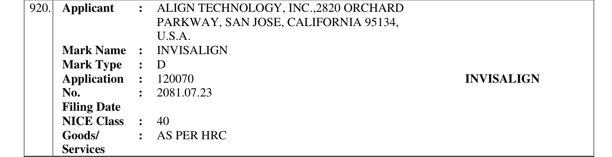 Original bulletin entry for INVISALIGN