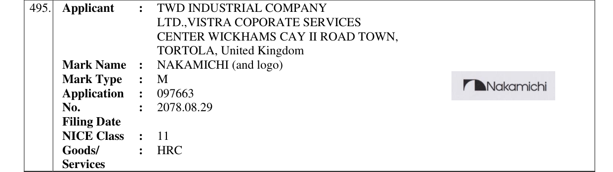 Original bulletin entry for NAKAMICHI (and logo)