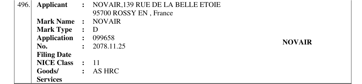 Original bulletin entry for NOVAIR