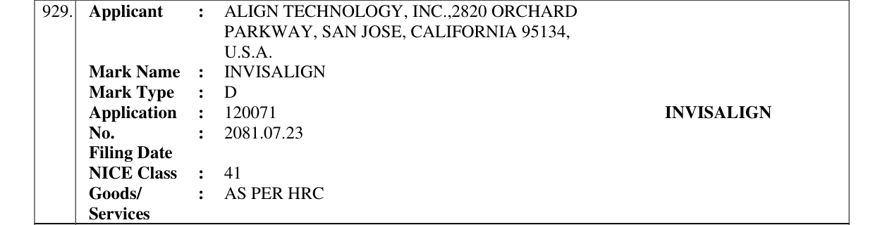 Original bulletin entry for INVISALIGN