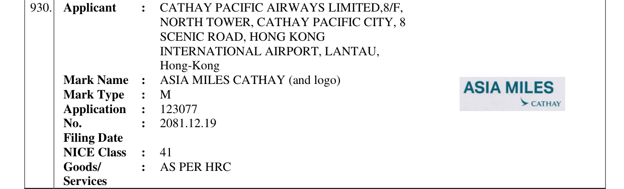 Original bulletin entry for ASIA MILES CATHAY (and logo)