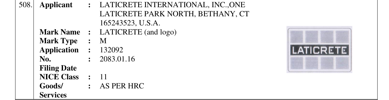 Original bulletin entry for LATICRETE (and logo)