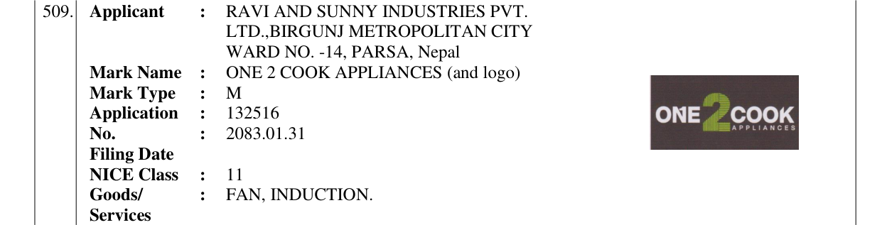 Original bulletin entry for ONE 2 COOK APPLIANCES (and logo)