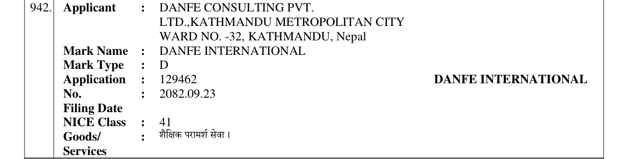 Original bulletin entry for DANFE INTERNATIONAL