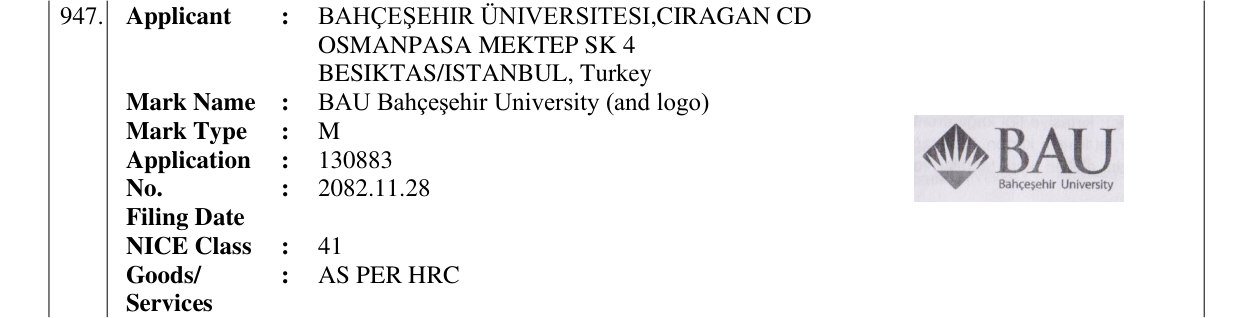 Original bulletin entry for BAU Bahçeşehir University (and logo)